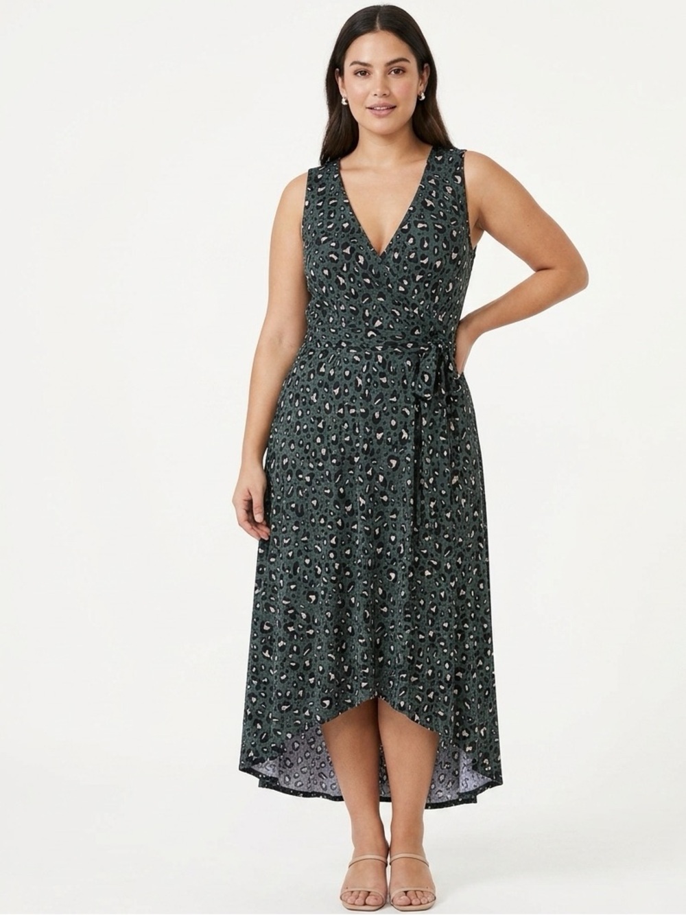 Torrid Studio Knit Wrap Dress Stretch Hi-Lo Glam Green Leopard 00 (US 10) Glam